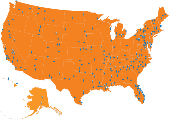 Map showing Byrider franchise territories across the United States